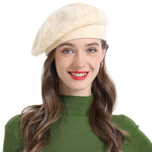 ZLYC Damen Baskenmütze Klassische Französischen Barett Einfarbig Warm Beret … (Einfarbig Cremeweiß)