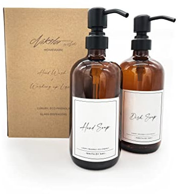 Luxury Amber Glass Soap Dispenser Set - 500ml Bathroom Bottles with Pump, Waterproof Labels & Gift Box (Brown)
