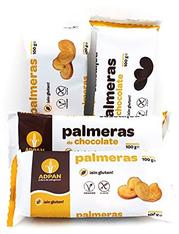 ADPAN Pack de Palmeras Sin Gluten – Palmeritas de Chocolate y Tradicionales, Hojaldre Crujiente, Sin Lactosa, Sin Alérgenos, Apto para Celíacos y Veganos – Lote 2 Paquetes por Sabor (400 g)