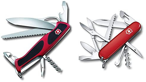 Victorinox Ranger Grip 79 Couteau de Poche Suisse, Multitool, 12 Fonctions, Lame Fixe, Ouverture Une Main, Rouge/Noir & Huntsman Couteau de Poche Suisse, Léger, Multitool, 15 Fonctions, Rouge