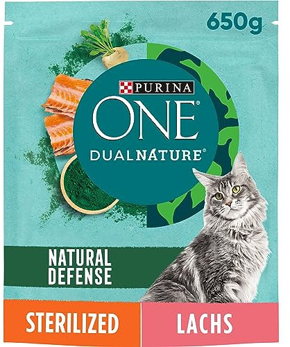 PURINA ONE Dual Nature Katzenfutter trocken für kastrierte Katzen mit Spirulina, reich an Lachs, 6er Pack (6 x 650g)