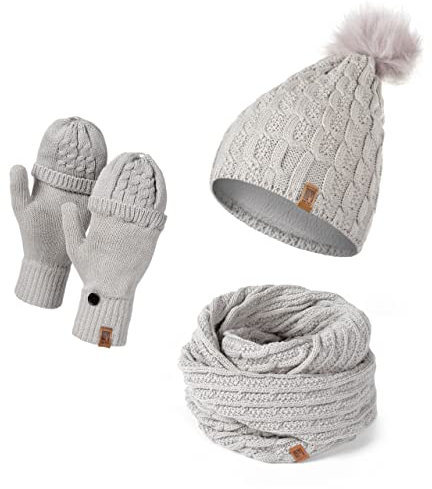 HEYO Mütze Schal Handschuh Set für Damen | Gefütterte Wintermütze mit Kunstfellbommel | Großer Loop Schal | Gestrickte Finger/Fingerlose- Winterhandschuhe für Touchscreen (Grau)