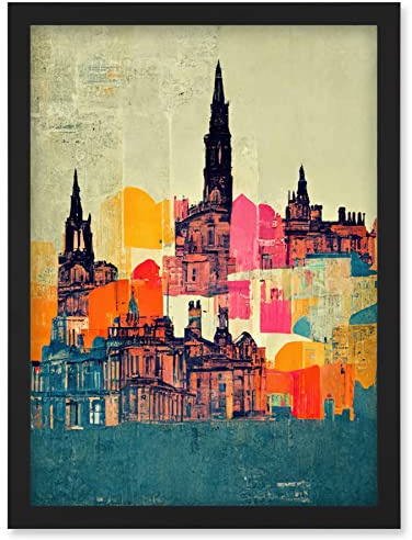 Wee Blue Coo Boho Abstract Multi Coloured Cityscape Skyline Painting Folk Art Artwork Framed Wall Art Print A4