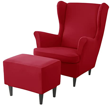 JHLD Stretch Husse für Ohrensessel Mit Ottomane Schonbezug, Spandex Husse für Ohrensessel Mit Hockerbezug Mit elastischem Boden Ohrensessel Schonbezug -rot-3 Stück