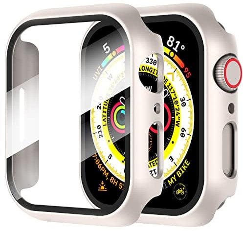 Diruite 2-Stück Hülle für Apple Watch Series 9/8/7 45mm Hartglas Schutzhülle Hard PC Ultradünne Glas Schutz Case Rundum Displayschutz,Starlight,45mm