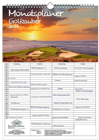 Golfzauber Wandplaner Familienplaner 4 Spaltenplaner A3 Kalender für 2024 Golf und golfen - Set Inhalt: 1x Kalender, 1x Weihnachts- und 1x Grußkarte (insgesamt 3 Teile)