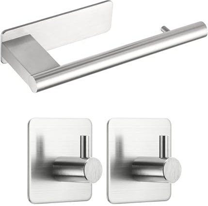 OETAMS Portarrollos Papel Higienico y 2 Piezas de Ganchos Adhesivos, Portarrollos Adhesivo Baño de Pared, Portarrollos Papel Higienico Acero Inoxidable, Plata