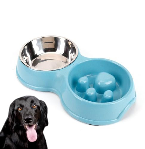 Double Dog Bowls for Food and Water, Slow Down Eating, Feeder with No-Spill Non-Skid Silicone Mat, Food-Grade Safe Dog Food Bowls Slow Feeder, Stainless Steel Dog Water Bowl for Dogs Cats (Blue)