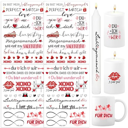 BETESSIN 4pcs Kerzen Tattoo Valentinstag Kerzentattoos Kerzenaufkleber Herzen Ich Liebe Dich Kerzensticker Herzensmensch Wasserschiebefolie Kerzen DIY Freundin Geschenk Stabkerzen Tasse Deko Rot