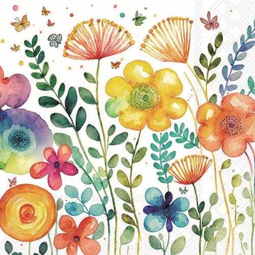 20 Servietten Blumen Moderne, bunte Frühlingswiese als Tischdeko. Papierservietten mit Motiv. Auch für Decoupage und Serviettentechnik 33x33cm