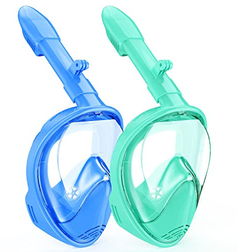 LITTLEJSY Vollgesichts Schnorchelmaske, Schnorchelausrüstung mit Kamerahalterung, 180 Grad Panoramablick Schnorchelset Anti-Fog Anti-Leck für Kinder Jungen (Cyan+Blue)
