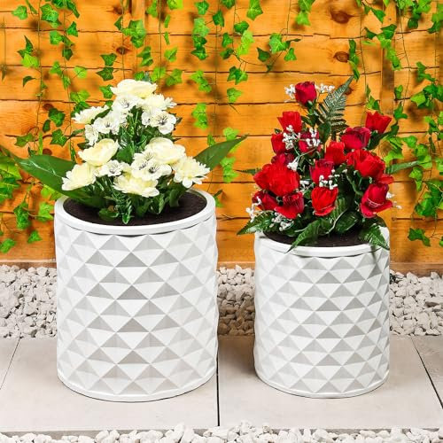 Taylor & Brown Set of 2 Large Handmade Round Plant Pots 31/26cm MgO Modern Flower Planter Pot Garden Decoration Indoor/Outdoor Planters with Geometric Texture Design and Drainage Holes (White Diamond)