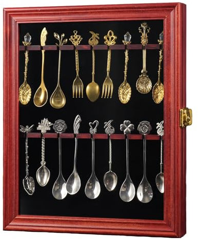 COMSREV 18 Souvenir Tea Spoon Display Case Wall mount Lockable UV Protection Acrylic Door Wood Display Rack Stand for Spoon Collection(cherry)