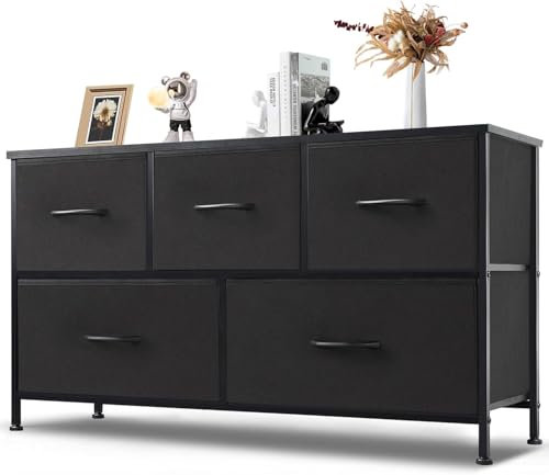 DUMOS Kommode mit Schubladen - Kommoden & Sideboards für Schlafzimmer Geeignet, Komodenschrank mit 5 Schubladen, Stoffkommode mit Stabilem Stahlrahmen, Ideal für Schlafzimmer, Wohnzimmer (Schwarz)