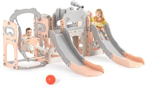 Krovtoy Tobogán para niños, tobogán Independiente para niños pequeños con aro de Baloncesto, Equipo de Juegos con tobogán para niños, toboganes para niños al Aire Libre (Beige Rosa- 8 en 1)