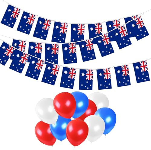 1 Kette mit 25 Wimpelketten mit australischer Flagge, 10 Stück Luftballons in verschiedenen Farben, quadratische Flaggenkette, australische Flaggen zum Ziehen, Straßenfeste und Feiern.
