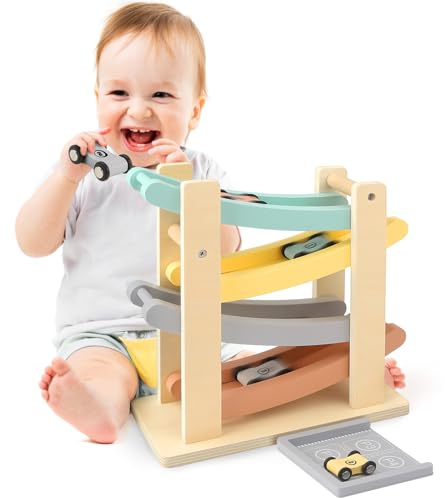 Vanplay Car Ramp Toys for One Year Old Boy Birthday Gifts, Wooden Montessori Toys for 1 2 Year Old, Race Track Truck Toy with 4 Mini Cars, First Christmas Birthday Gifts for Toddlers 1-3-2-4