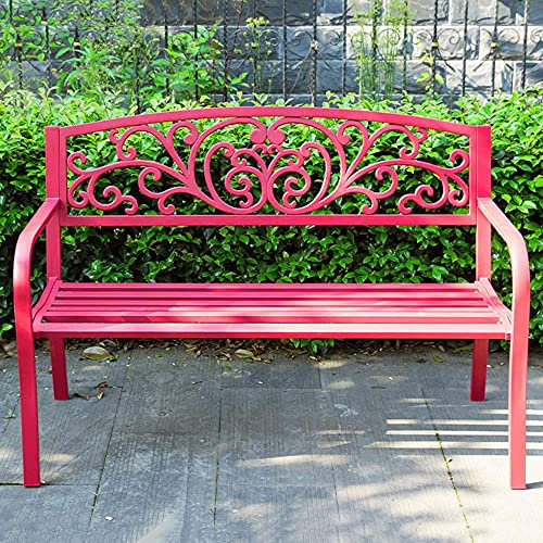 Parkbänke für draußen, Gusseisen-Metall-Gartenbank, Wintergarten, Terrasse, Rasen oder Gartensitz – 2-Sitzer (Schwarze rechtwinklige Tischbeine) (rote rechtwinklige Tischbeine)
