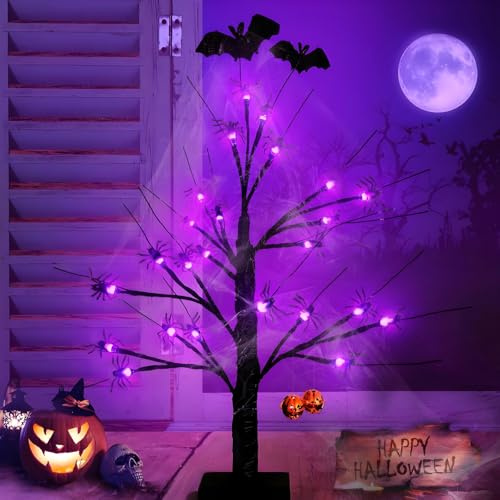 Halloween-Spinne, schwarzer Gruselbaum, 60 cm, schwarzer Birkenbaum mit 24 lila Lichtspinnen, weißes Spinnennetz, Fledermäuse, Kürbis-Ornamente, Batterie und USB-beleuchteter schwarzer Halloween-Baum