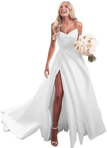 YIANN Robe de mariée gothique en satin blanc 2024 sans bretelles, robe de soirée formelle plissée avec fente UK10