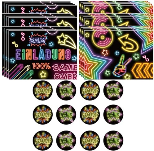YILANJIN Neon Einladungskarten 12 Stück,12 Einladungskarten inkl,nkl. Umschläge 12 Stück + 12pcs Aufkleber,für Jungen Mädchen Kinder Einladungskarten Kindergeburtstag,Lustige Einladung Partyeinladung