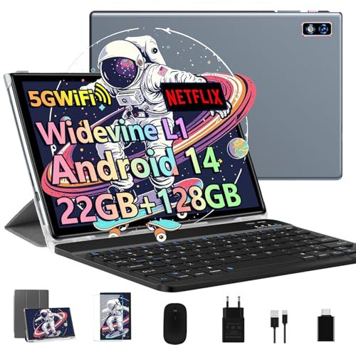 Nouvelle 2025 Tablette 10 Pouces Android 14 avec 22Go RAM+128Go ROM(TF/2To),Tablette Tactile avec 5G+2.4G WiFi, Octa-Core 2.0Ghz, 8000mAh, GMS, Widevine L1,BT5.0,Tablettes avec Clavier Souris - Gris