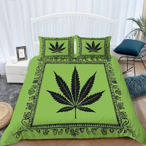 Bettbezüge 180x200 cm Minimalist Cannabis Leaf Bettbezug Set 3 Teilig Weiche Microfaser Bettwäsche Bettdeckenbezug mit Reißverschluss und 80x80cm Kissenbezüge, Grün
