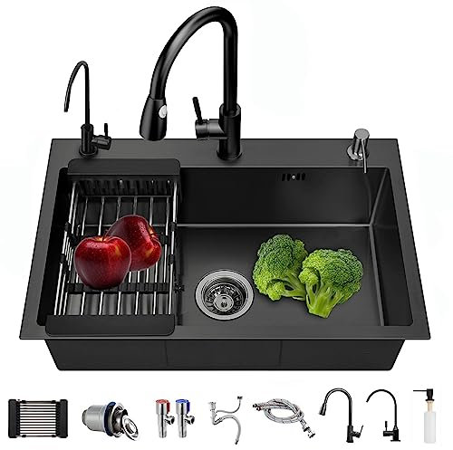 Fregadero de cocina Gris oscuro, 304 de acero inoxidable, 80 x 50 cm, para empotrar con grifo, dispensador de jabón, grifo de agua potable (80 x 50 cm)