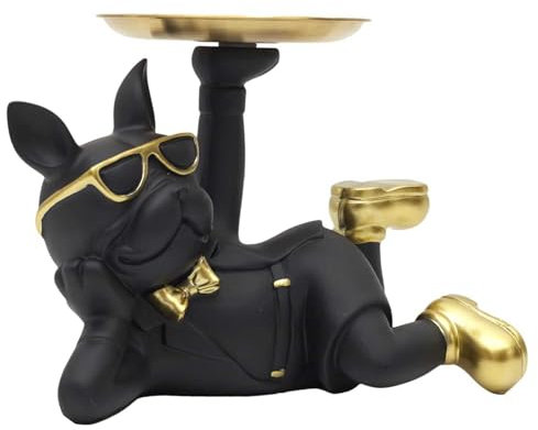 HOME DECO FACTORY, HD0156 - Estatua Bulldog Negro con Bolsillo vacío, Elegante Objeto Decorativo de Resina, práctico Recipiente para Llaves y Joyas, diseño Moderno, Talla única, Negro y Dorado