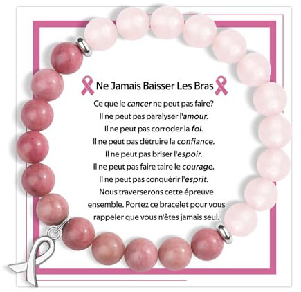 FANCIBAND Bracelet Pierre Naturelle Femme Avec Ruban de Sensibilisation au Cancer du Sein, Bracelet Femme Fille Cadeau D'inspiration pour les Amis Famille Couple Collègues(Rose Clair)