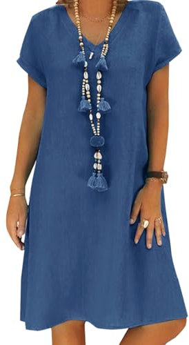 Women's Dress Summer Linen Dresses Casual V Neck Midi Dress Short Sleeve A-line Dress Sundress Tunic Dress Without Accessories (A Blue, XL)