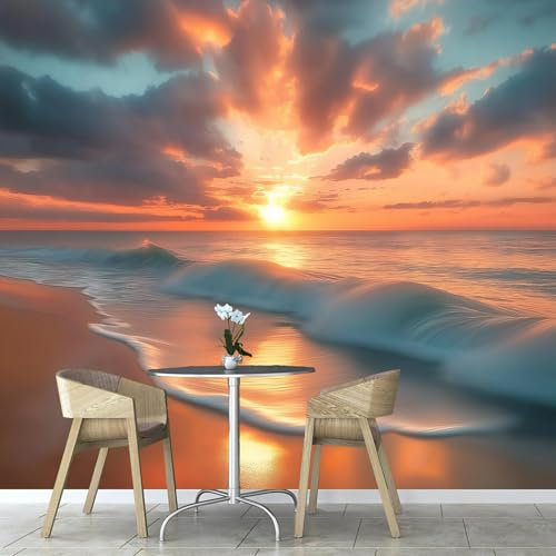 Strand Sonnenuntergang Tapete Wandbild 3D Fototapete Natürliche Landschaft Wandtapete Foto für Modernes Design der Fernseh Hintergrund Wand-Kunst-Deko 150×105 cm