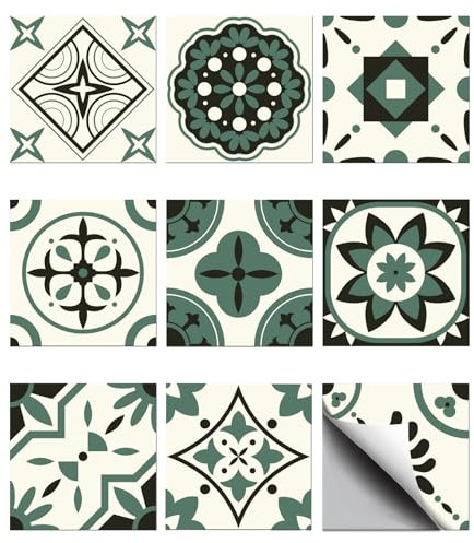 CHGCRAFT 36 Stück 9 Stil Moosgrünes Muster Fliesenaufkleber 10x10cm Wasserdichte Fliesenaufkleber quadratisch mit Blumenmuster für Küche Bad Schlafzimmer Wand Boden Dekoration, dunkel olivgrün