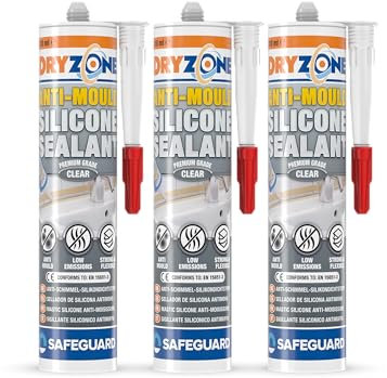 Dryzone Silicone Sigillante Antimuffa Trasparente (3 x 310ml) - Per Ambienti Interni Umidi, Asciugatura Rapida, Adesione Forte, Lunga Durata Contro la Muffa