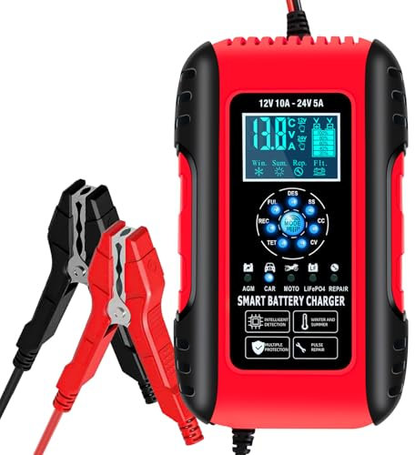 YIFASITE 10Amp Car Battery Charger, 12V/24V Lifepo4 Lead Acid Battery Charger, Upgraded Automobile Smart Trickle Charger Battery Maintainer for AGM, Lithium, Motorcycle Boat Caravan Batteries