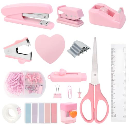 KXVXXV Bürobedarf Set Büro Zubehör Set Rosa Büroartikel Set mit Locher Tacker Schere Klebebandabroller Heftklammern Heftklammerentferner Radiergummi Clip Haftnotizen Klebeband