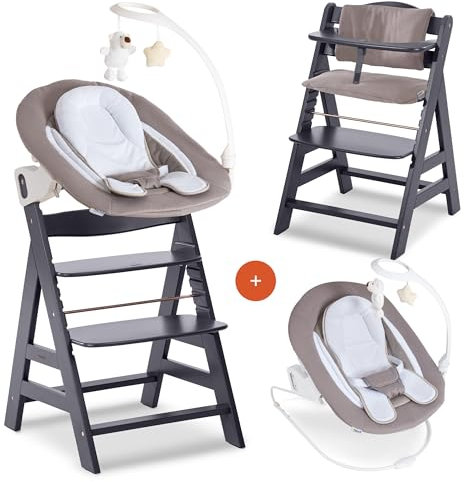 hauck Alpha Plus Newborn Set Deluxe - Baby Holz Hochstuhl ab Geburt mit Liegefunktion - inkl. Aufsatz für Neugeborene & Sitzpolster - mitwachsend, verstellbar - Dark Grey