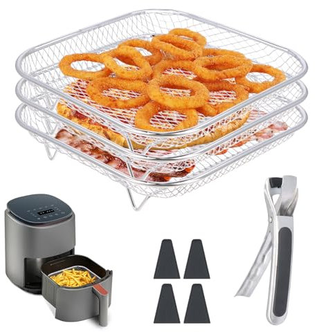 Mapille Luftfritteusen Regal aus 304 Edelstahl 3 lagig stapelbares, 20cm Gitter für Heißluftfritteuse Zubehör Eckig, Airfryer Zubehör für COSORI Heißluftfritteuse 5,5L/6L, Ninja Max Pro 6,2L, AF180EU