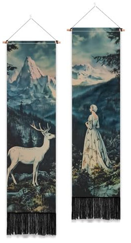 PLIGREAT 2 Packung Wandbehang Im Vintage Stil Langer Schmaler Wandteppich Mit Hirschmotiv Und Quasten Für Damen Ästhetischer Wandteppich Mit Wald Und Bergmotiven Für Schlafzimmer Wohnzimmer Heimdeko
