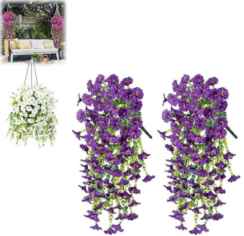 2pcs 75cm Artificial Hanging Flowers UV Resistant Fake Flowers Artificial Plants Outdoor Flower Bouquet Vine Plants Drooping Plants for Home Wall Garden Wedding Indoor Outdoor Decor (purple-B)