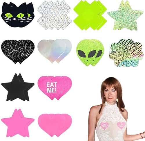 Cache-Tétons, 12 Paires Nipple Cover, Cache Teton Femme, Cache Tetons Femme Sexy, Jetables Cache Tétons Nipple Cover, Coeur, Étoile, Fleur, Croix pour Filles et Femmes (A)