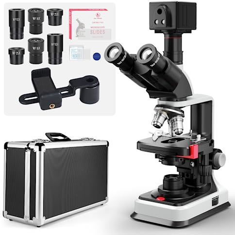 Alimentazione Doppia Microscopio Composto Trinoculare Vabiooth Lab 40X-2500X con Fotocamera 5MP e Software Acquisizione Immagini, Registrazione Video, Misurazione Lunghezze,Oculari Ultra-Grandangolari