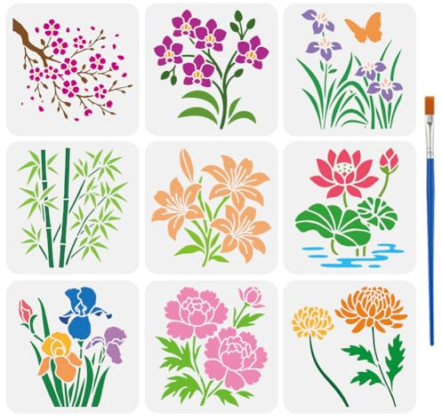 FINGERINSPIRE 9Pz Stencil di Fiori Orientali con 1 Pennelli 20x20cm Stencil di Fiori di Ciliegio Stencils di Orchidee Bambù Crisantemi Motivi A Tema Vegetale Modello per Dipingere su Pareti Mobili