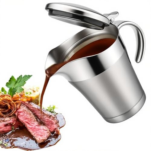 WIYETY Stainless Steel Thermal Gravy Boat 450 ml: Double Insulated with Hinged Lid Sauce Jug Insulated Sauce Container with Handle for Dinner Parties Dishwasher Safe