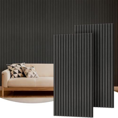 TONOR Holz-Wandpaneele für Innenwand-Deko – 2er-Pack, 120 × 60 cm | Akustikpaneele Holz-Lamellen – 1,44 m², Schalldämmende Wandpaneele für Lärmschutz & Deko, Wohnzimmer, Büro, Schwarz
