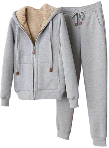 Edelaura Tuta Sportiva Donna 2 Pezzi Inverno Calda Pile Abbigliamento Allenamento Monocolore con Cordoncino e Tasche Zip Felpa con Cappuccio Manica Lunga Pantaloni Jogging Casual