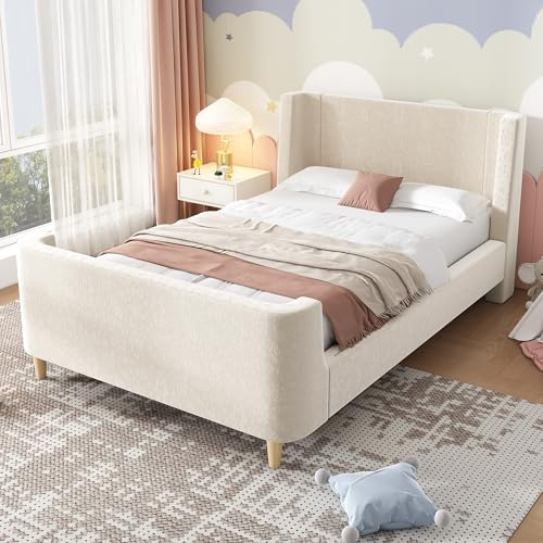 Merax Polsterbett Kinderbett 90x200 cm – Einzelbett Schlittenbett für Jungen & Mädchen, Samt Beige, Cartoon Weltraum-Muster, Stabil & Gepolstertes Kopfteil, ohne Matratze