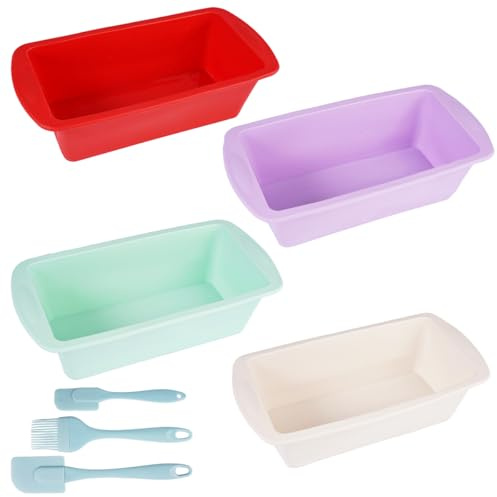 4 Piezas Rectangular Molde Silicona Horno para Hacer Pan Pasteles Tostadas | 19,2 x 9,5 x 5,5 cm Moldes de Silicona para Hornear Pan, Reutilizable Molde Bizcocho Antiadherente con Raspador de Masa