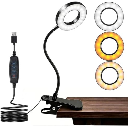 LED Luz Lectura con Clip con 3 Colores y 10 Brillos, LED Desk Lamp para Cuidado de los Ojos 360°Flexo de Lectura Regulable Luz USB Cuello de Cisne Flexible para Cama Estudio Trabajo Manualidade