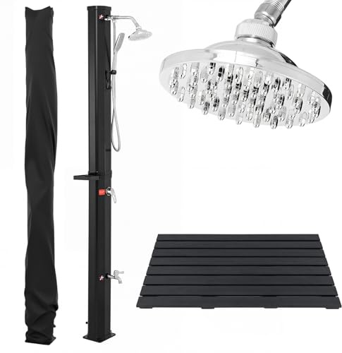 COSTWAY 35 L Ducha Solar Exterior, 216 cm Ducha de Jardín con Alfombra de Ducha Grande, Cabezal Giratorio de 360°, Jabonera y Cubierta Protectora, sin Conexión Eléctrica para Piscina Terraza Playa